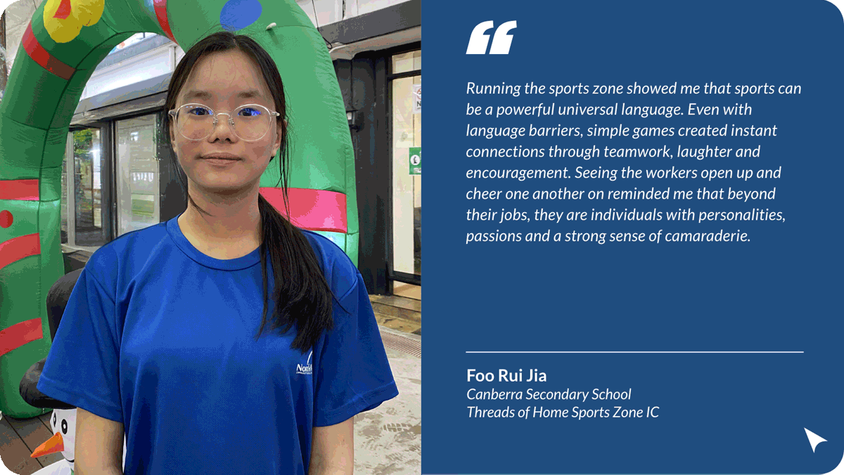 Young woman with glasses in a blue shirt stands near a colorful inflatable, beside her quote about sports and camaraderie.